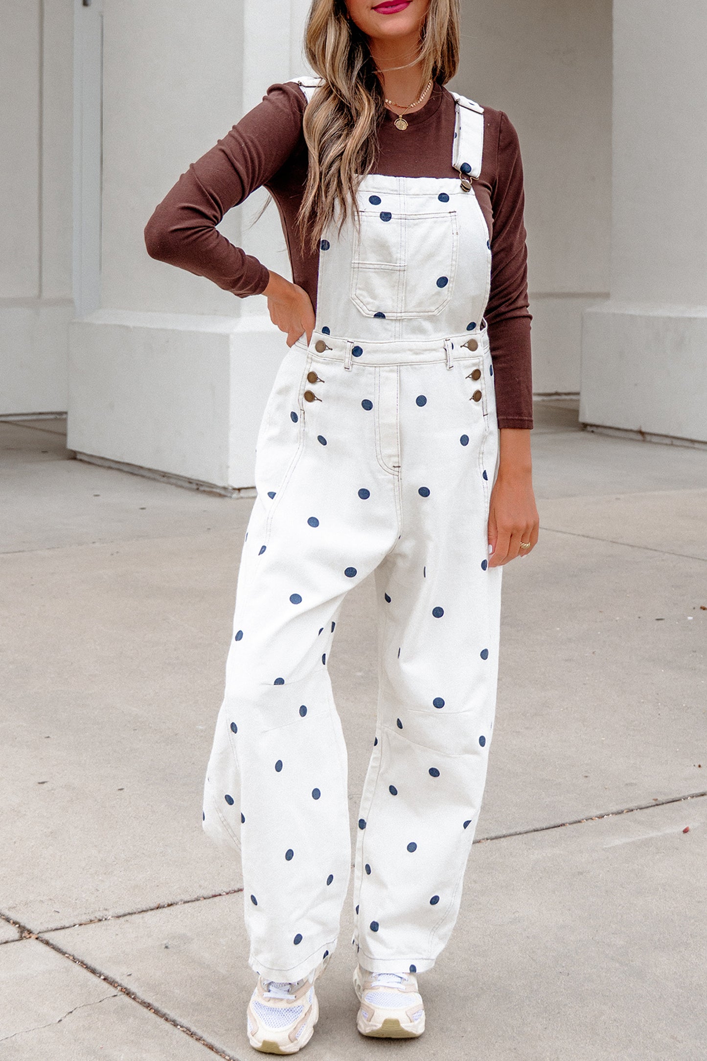 Polka Dot Denim Barrel Leg Overalls Jumpsuit