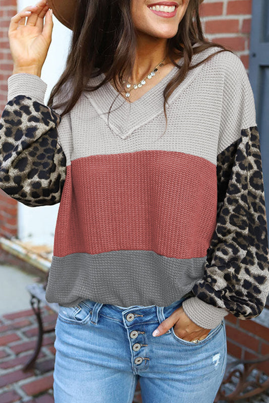 Leopard Colorblock Waffle V-Neck Top