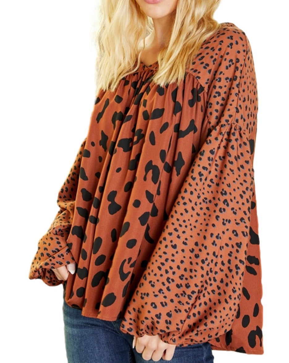 Leopard Bubble Sleeve Blouse