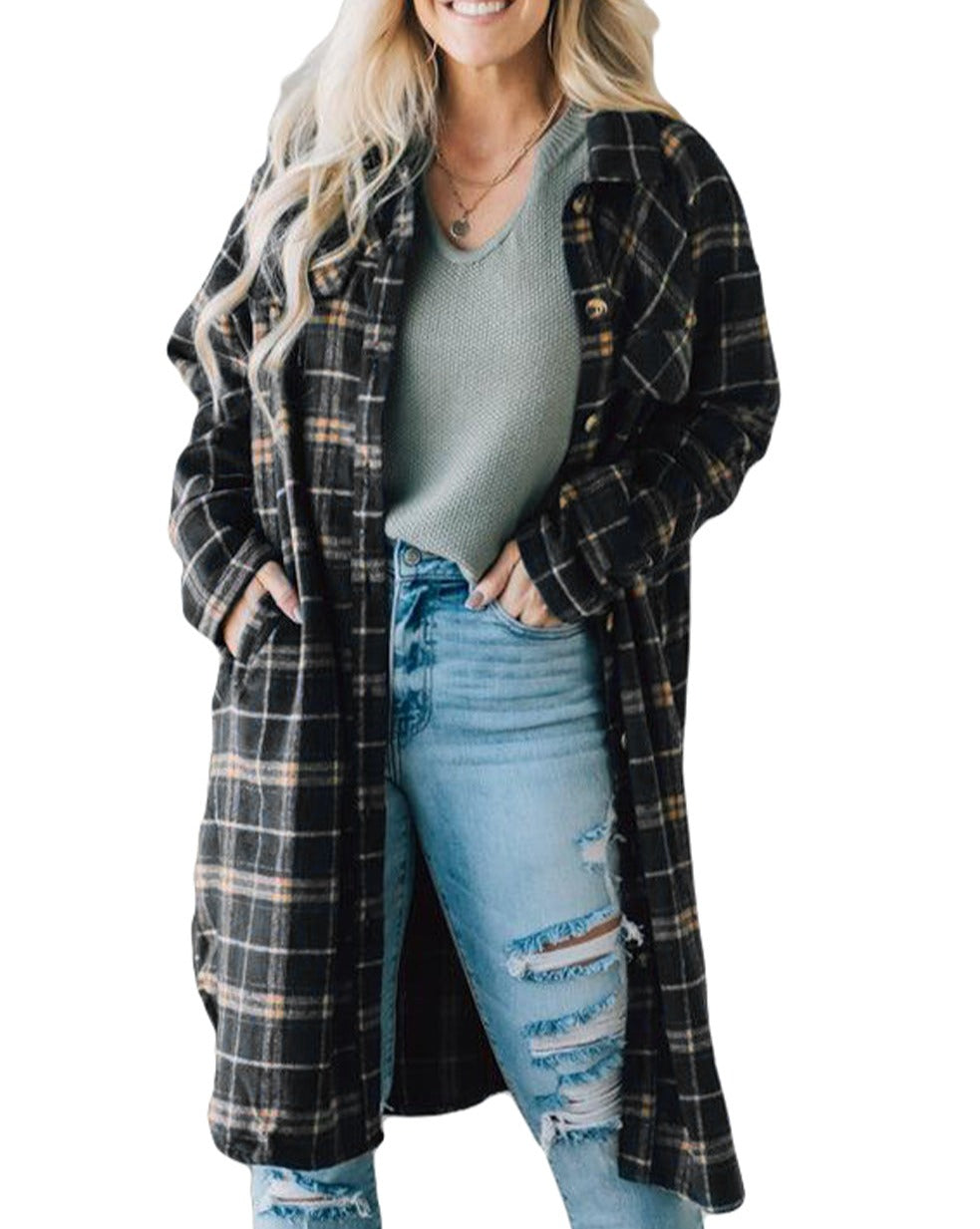 Plaid Buttoned Long Shacket w/Pockets