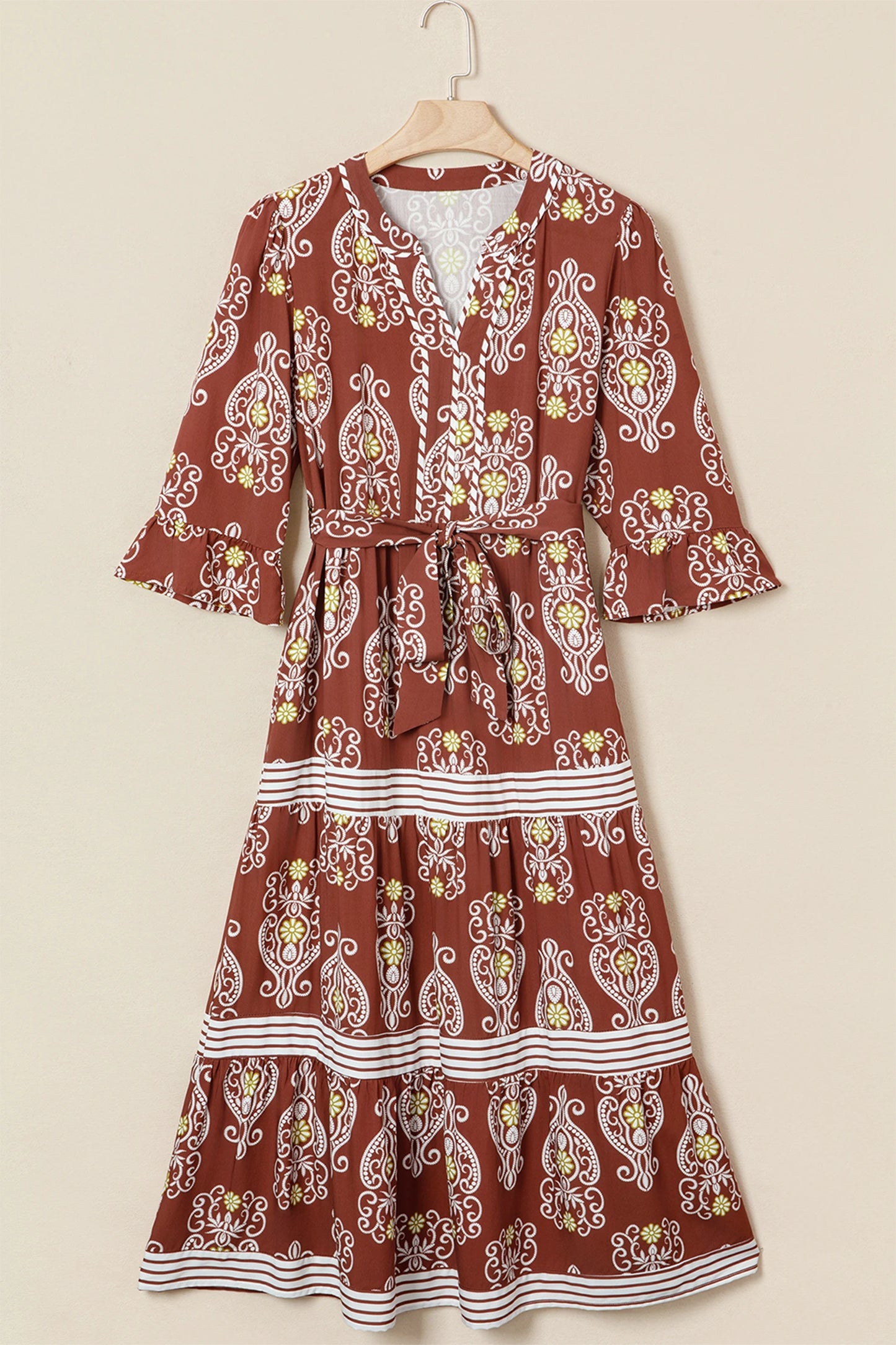 Floral Boho Belted Stripe Trim Tiered Maxi Dress