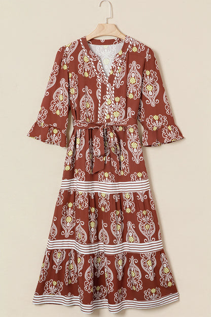 Floral Boho Belted Stripe Trim Tiered Maxi Dress