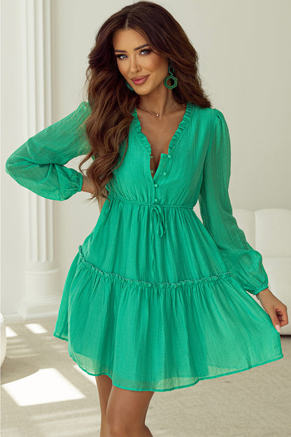 Solid Frilly V-Neck Puff Sleeve Mini Dress
