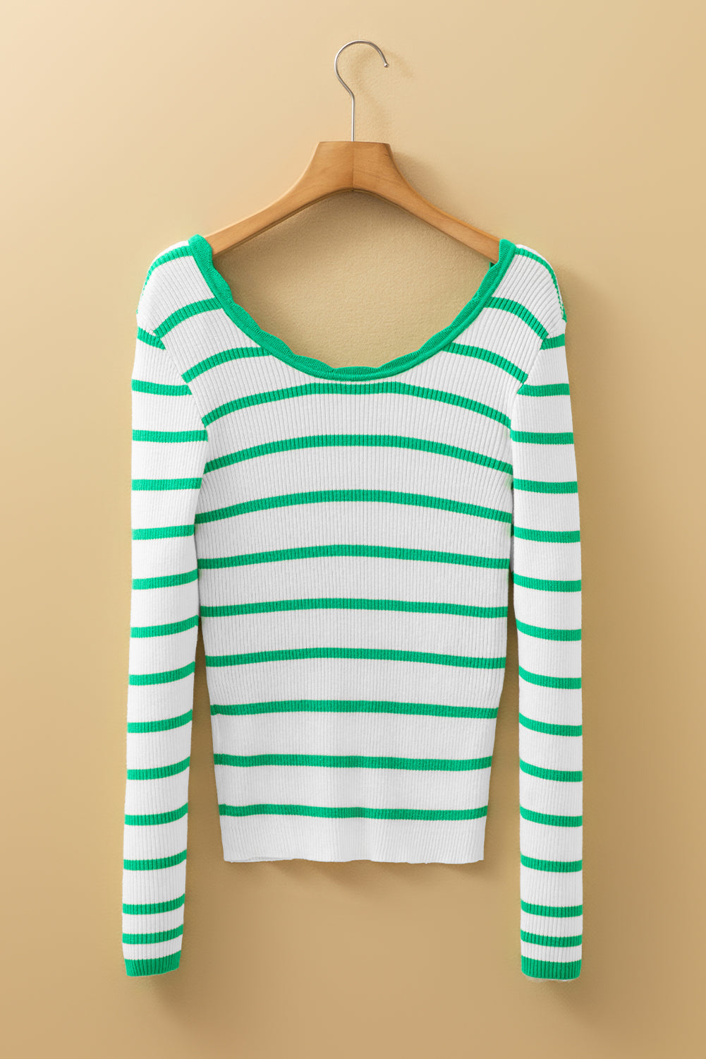 Stripe Scalloped Scoop Neck Ribbed Knit Sweater