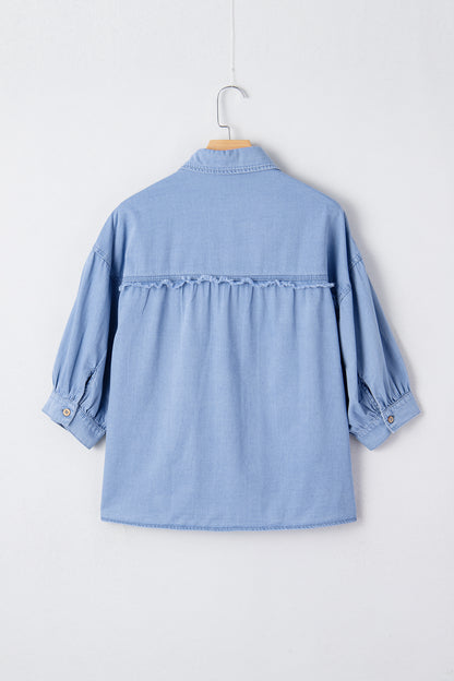 Denim Chambray Drop Shoulder 3/4 Sleeve Shirt