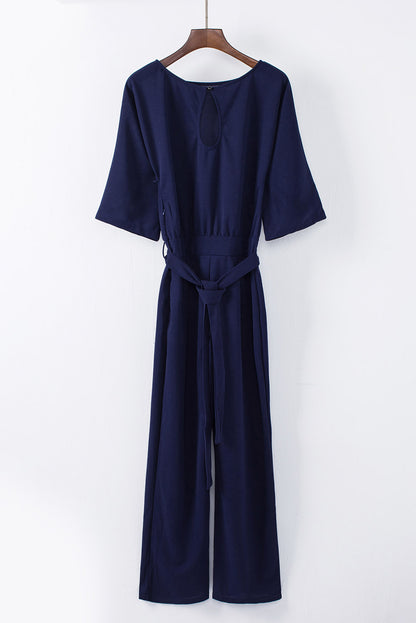 Solid 3/4 Sleeve Wide Leg Jumpsuit