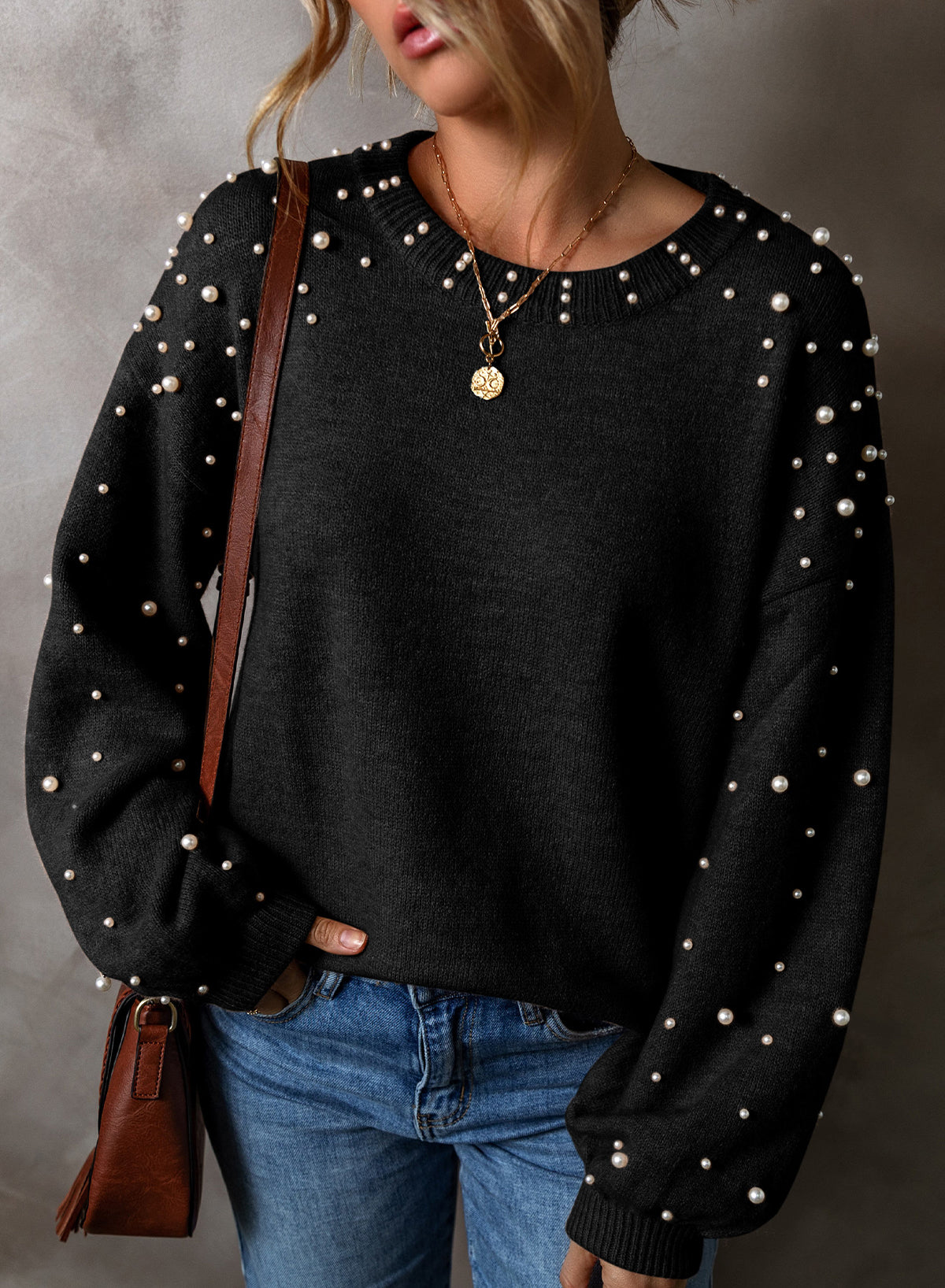 Pearl Embellished Round Neck Sweater