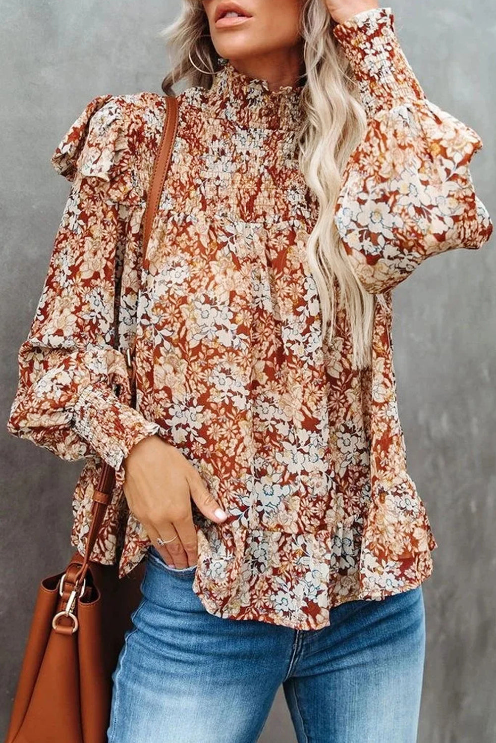 Floral Ruffle Smocked Turtleneck Blouse