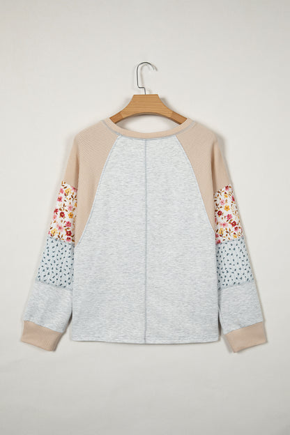 Floral Waffle Knit Patchwork Raglan Long Sleeve Top
