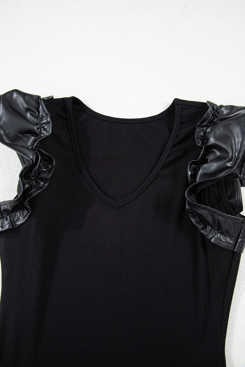 Solid Ribbed Leatherette Ruffle Sleeve Bodysuit