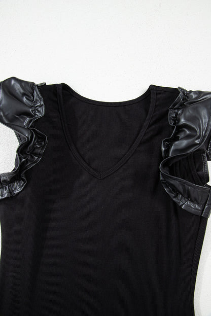 Solid Ribbed Leatherette Ruffle Sleeve Bodysuit