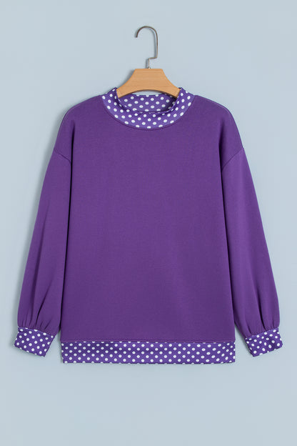 Polka Dot Contrast Trim Mock Neck Sweatshirt