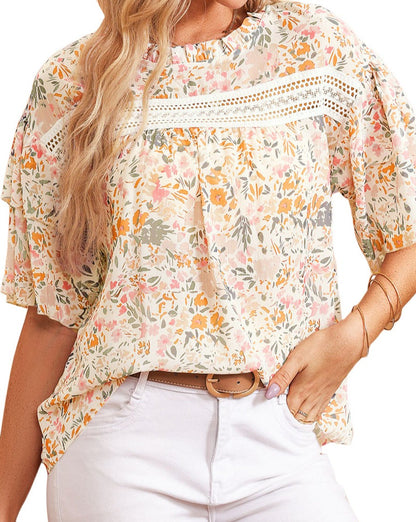 Floral Ruffle Wide Sleeve Blouse