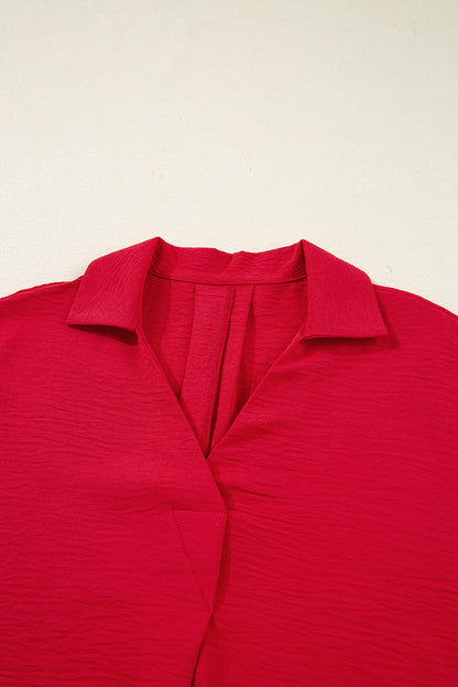 Solid Collared V-Neck Smocked 3/4 Sleeve Top