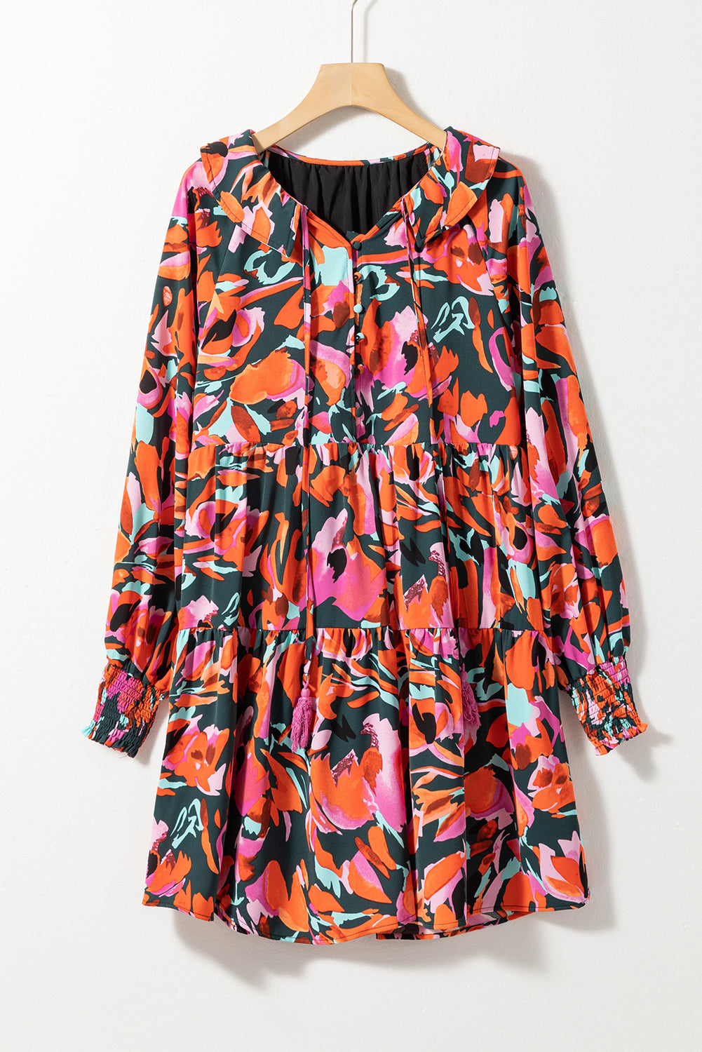 Abstract Floral Tassel Tie Dress