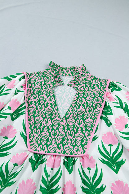 Floral Puff Sleeve Contrast V-Neck Blouse