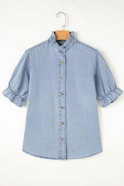 Chambray Ruffle Short Puff Sleeve Buttoned Shirt