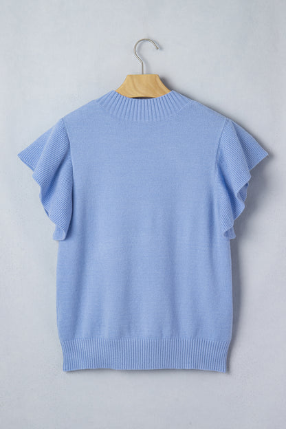 Solid Ruffle Sleeve Round Neck Ribbed Sweater