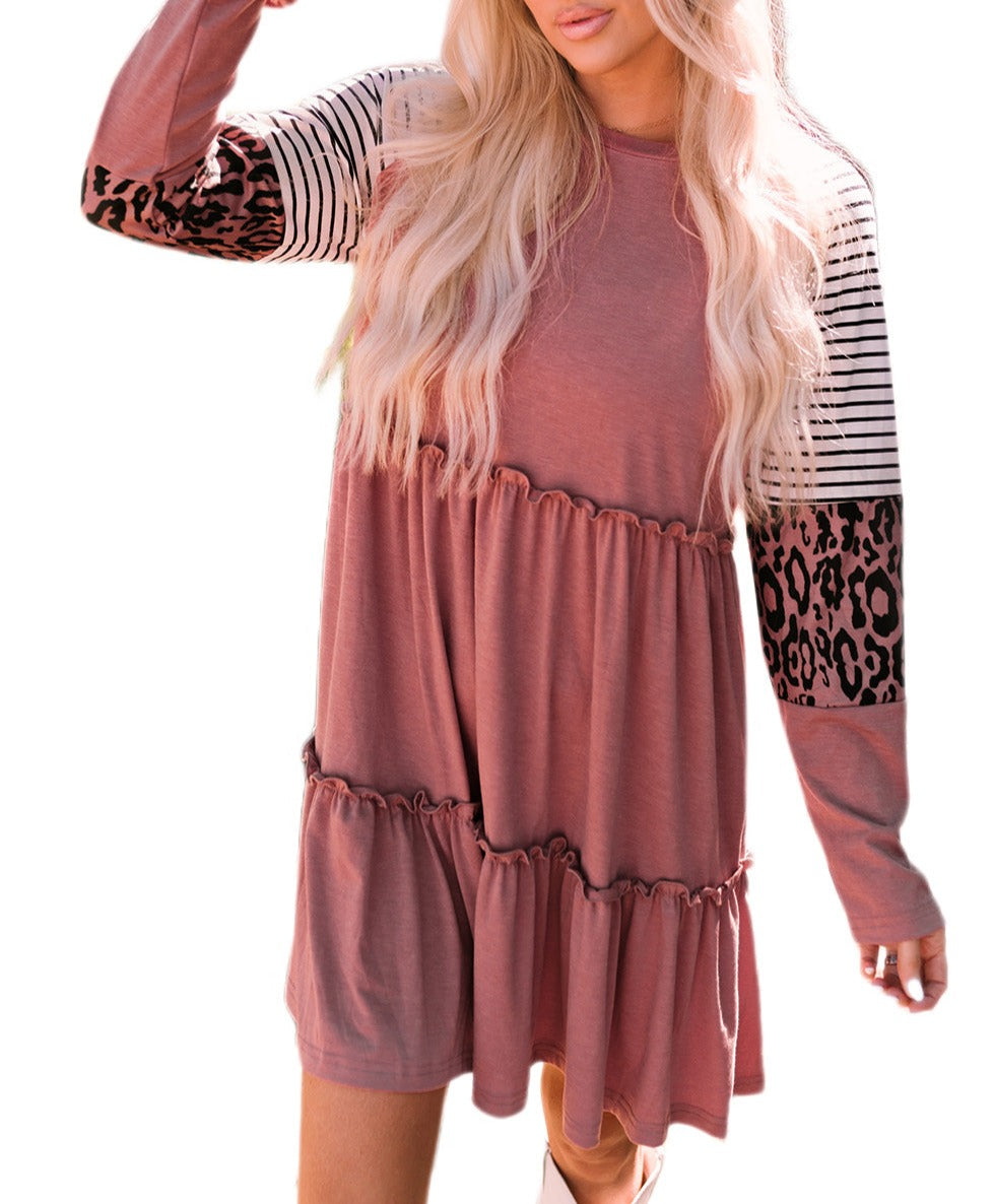 Striped Leopard Long Sleeve Dress