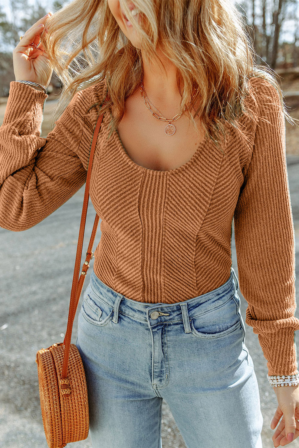 Ribbed Scoop Neck Long Sleeve Top