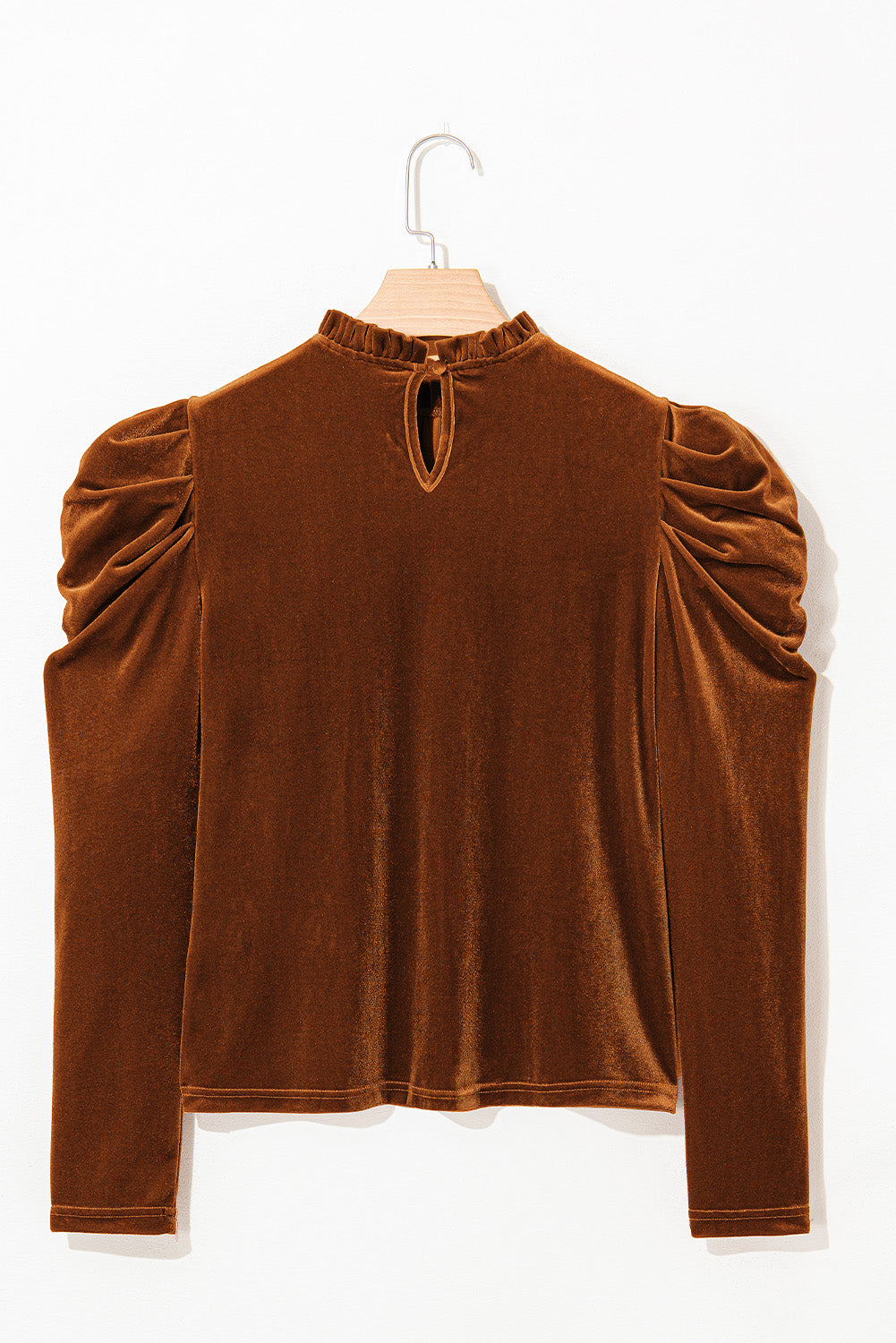 Velvet Frilled Neck Puff Sleeve Top