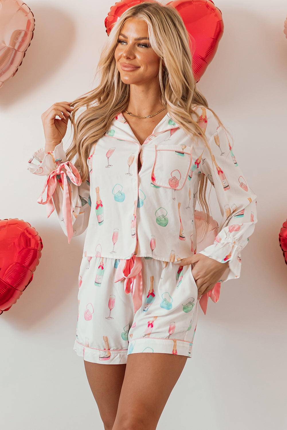 Valentine Wine Glass Bow Tie Pajama Set