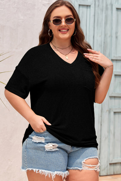 Plus Size Solid Corded Knit V-Neck T-Shirt