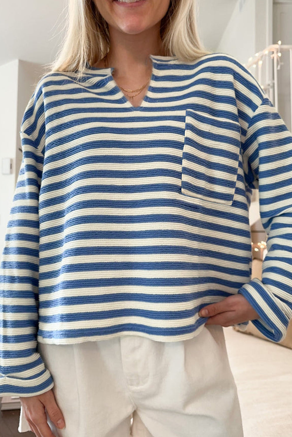 Stripe Notched V-Neck Top