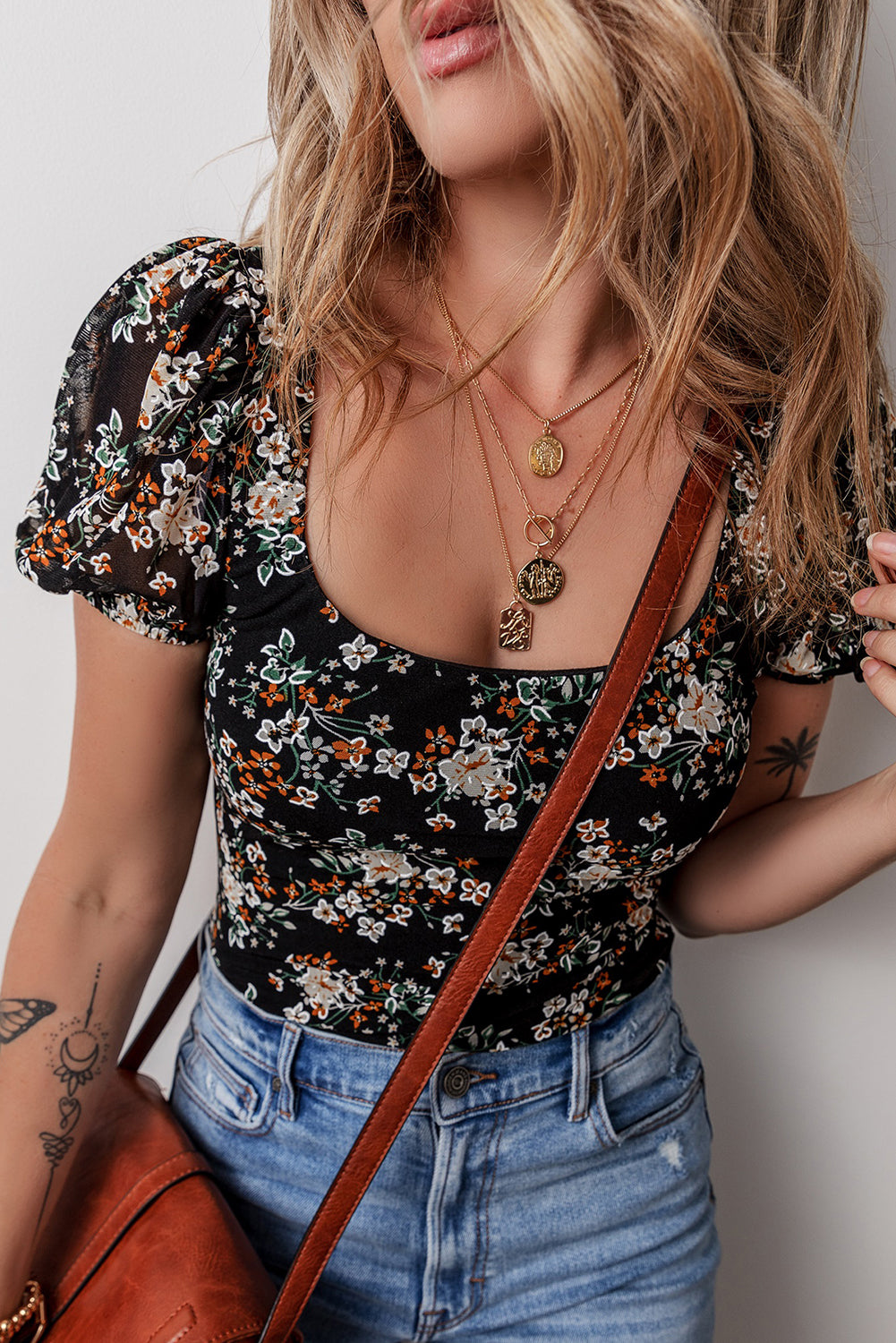 Floral Short Puff Sleeve Bodysuit