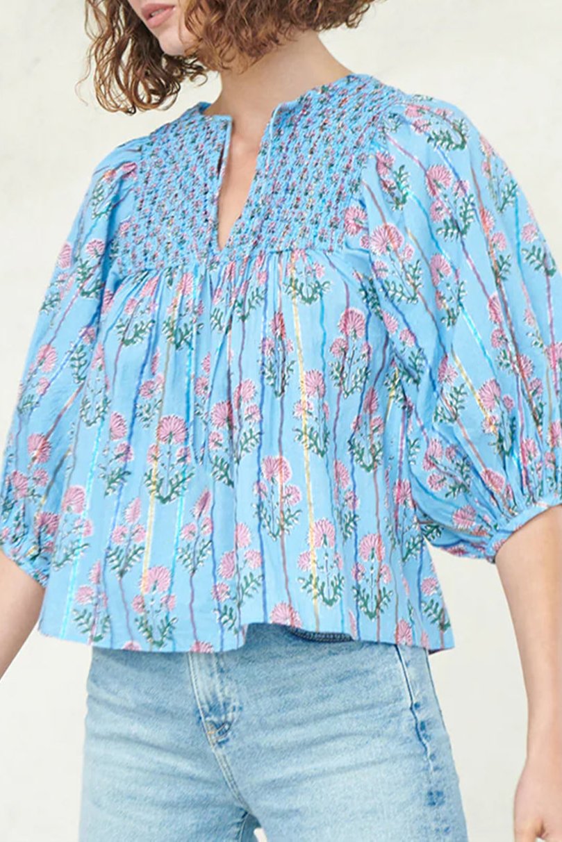 Floral Stripe Puff Sleeve Blouse