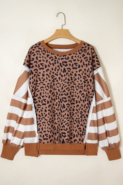 Plus Size Leopard Stripe Patchwork Side Slit Sweatshirt