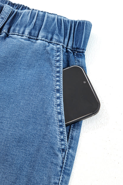 Plus Size Denim Elastic Waist Ruffle Wide Leg Pants