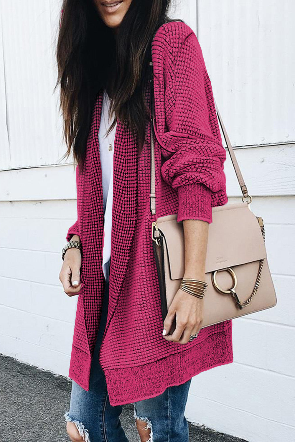 Plaid Knit Open Front Cardigan