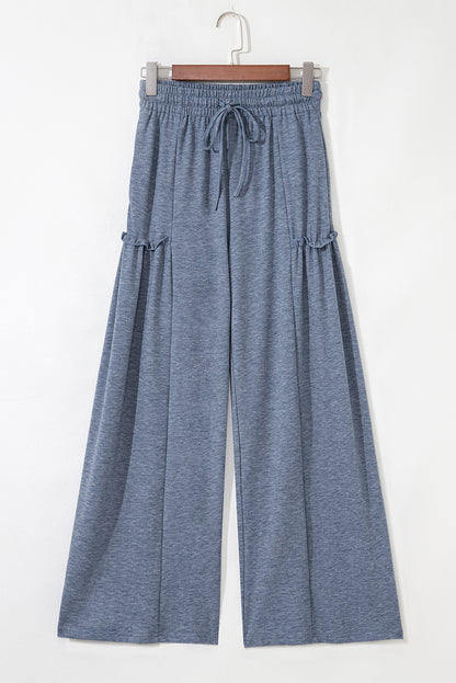 Solid Frilled Leg Drawstring Elastic Waist Pants