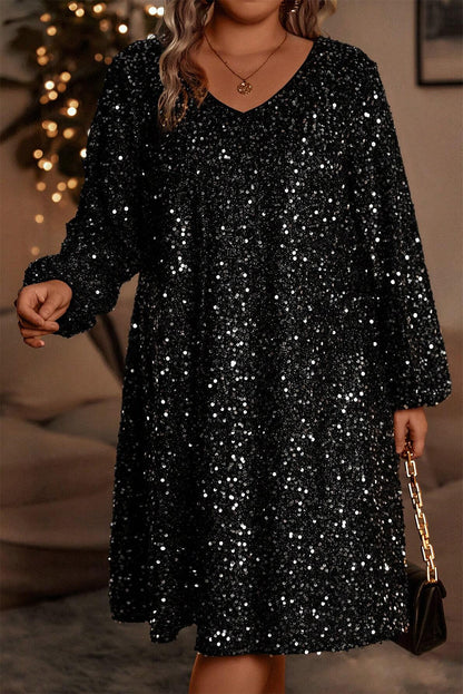 Plus Size Sequin Bubble Sleeve V-Neck Dress