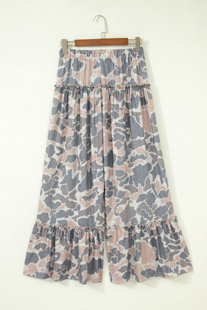 Abstract Leopard Ruffle Tiered Wide Leg Pants