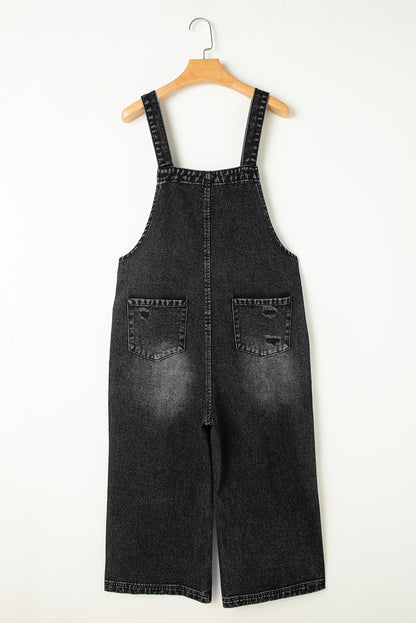 Solid Denim Distressed Bib Pocket Wide Leg Overall