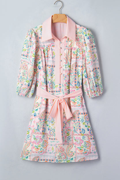 Boho Floral Colorblock 3/4 Sleeve Belted Mini Dress