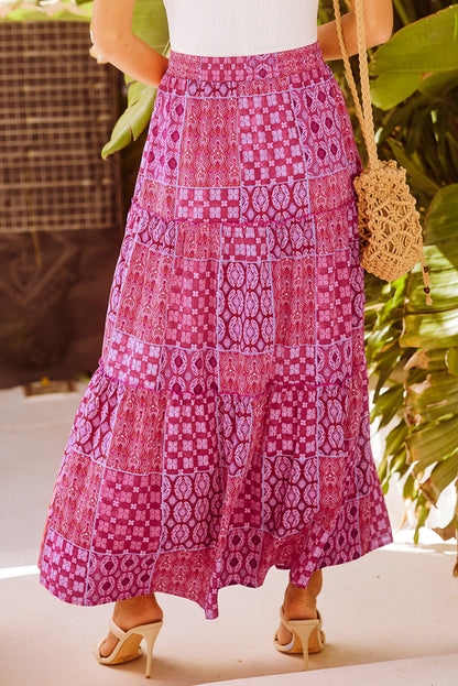 Paisley Ruffle Tiered Pocketed Maxi Skirt
