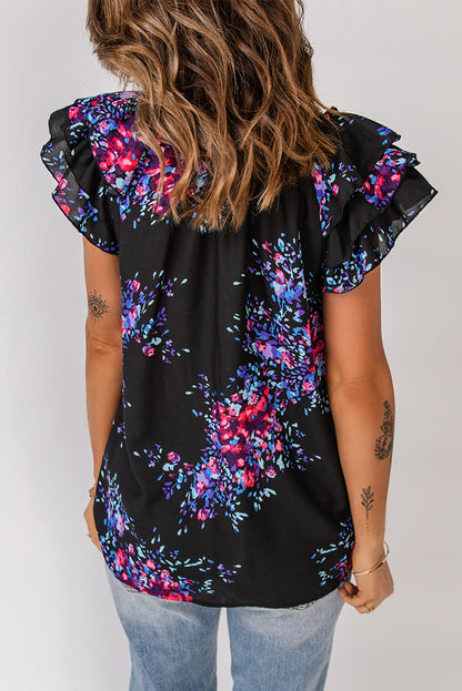 Abstract Flutter Sleeve V-Neck Blouse