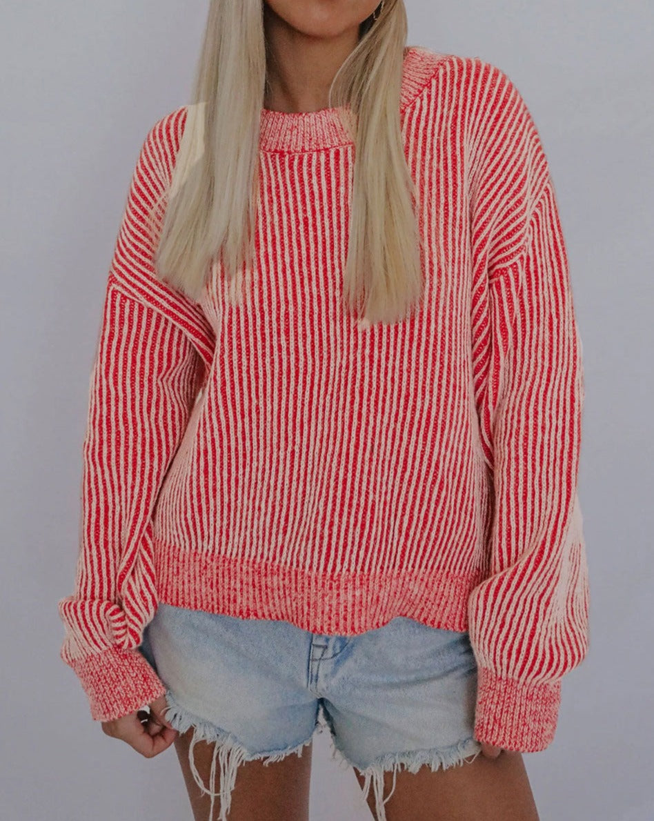 Stripe Ribbed Round Neck Sweater