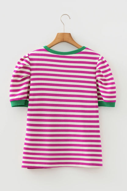 Stripe Contrast Trim Short Puff Sleeve Tee