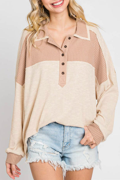 Waffle Colorblock Collared Oversized Top