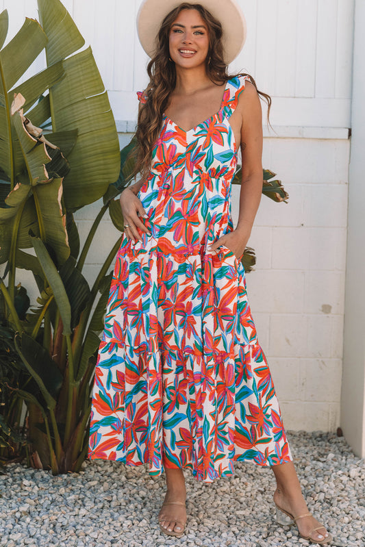 Floral Boho Ruffle Strap V-Neck Maxi Dress