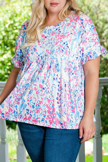 Abstract Frilled Short Sleeve Top Plus Size