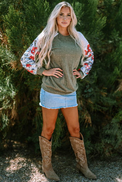 Floral Ribbed Patchwork Long Sleeve Blouse
