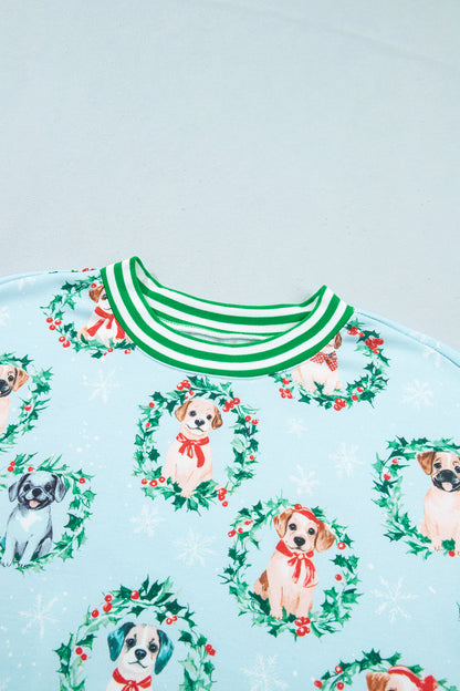 Christmas Wreath Dog Print Stripe Contrast Trim Sweatshirt