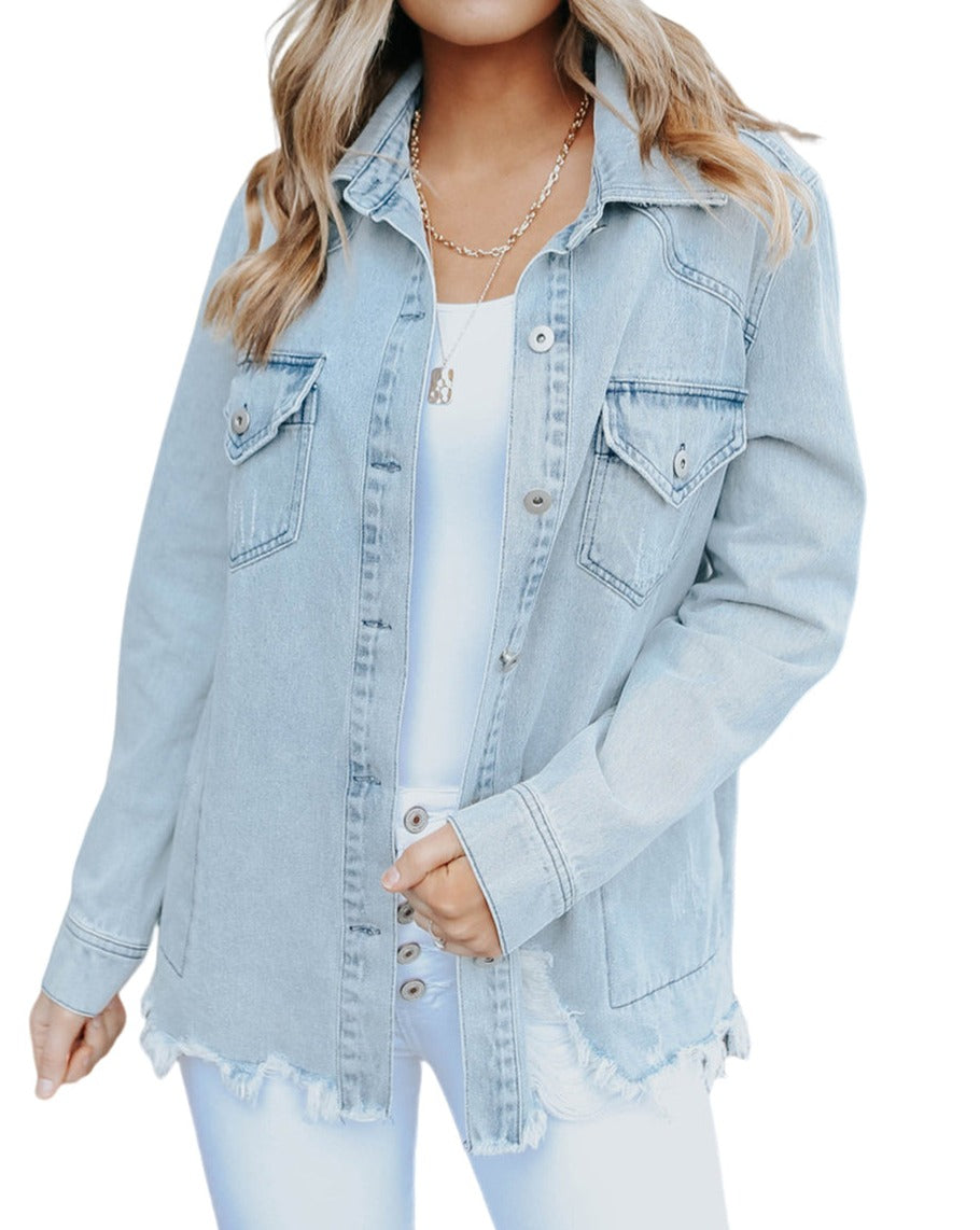 Denim Raw Hem Buttoned Jacket