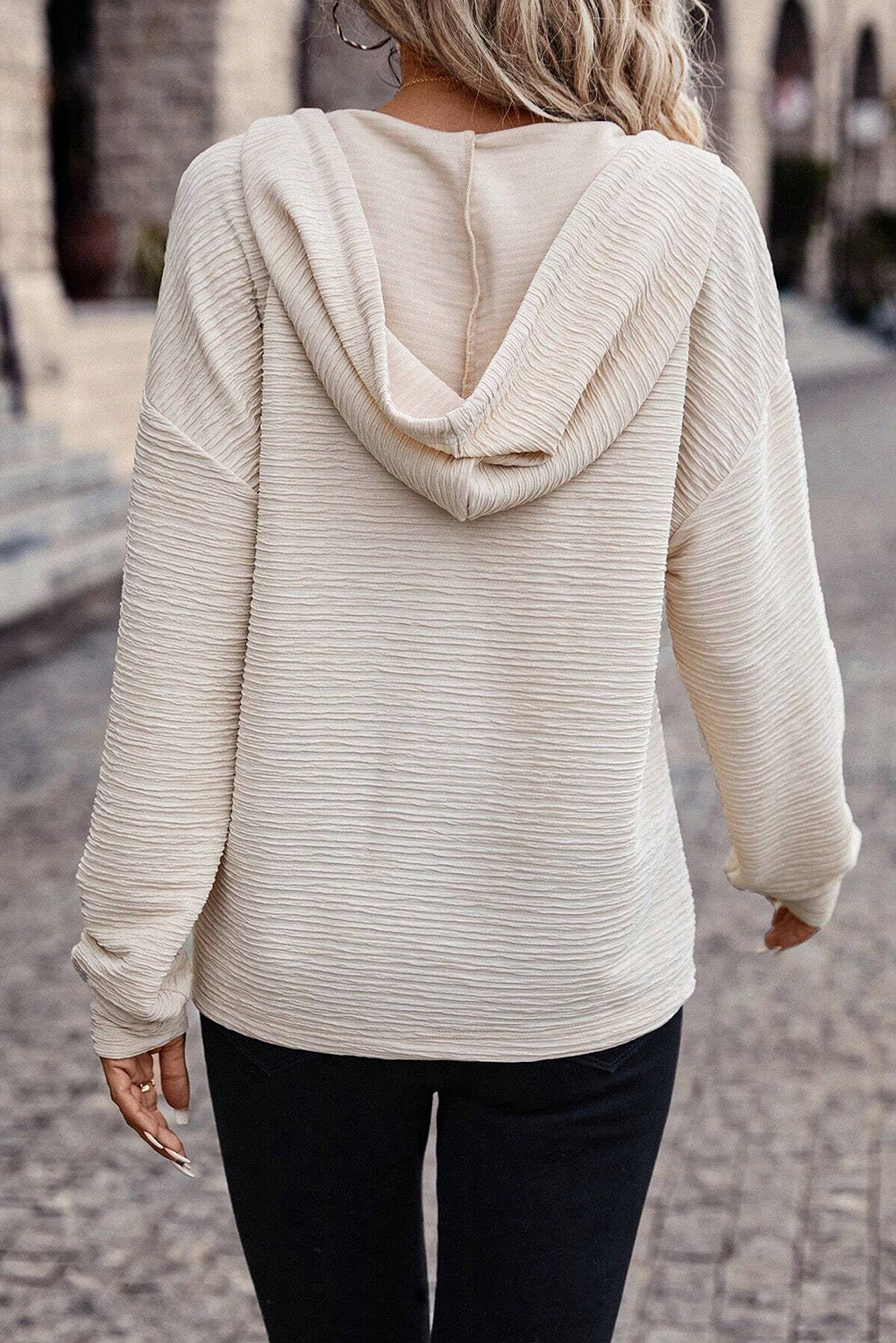 Textured Drawstring Henley Hoodie