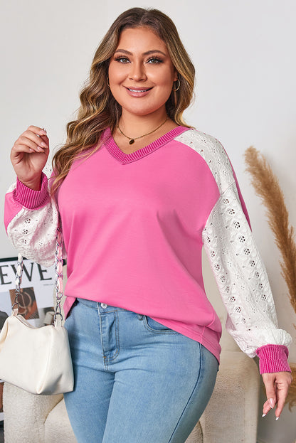 Plus Size Lace Patchwork Long Sleeve V-Neck Top